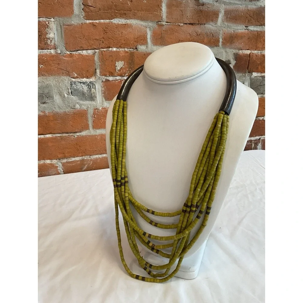 Green Multistrand Beaded Necklace Wooded Chunky Boho Hook Clasp Vintage African